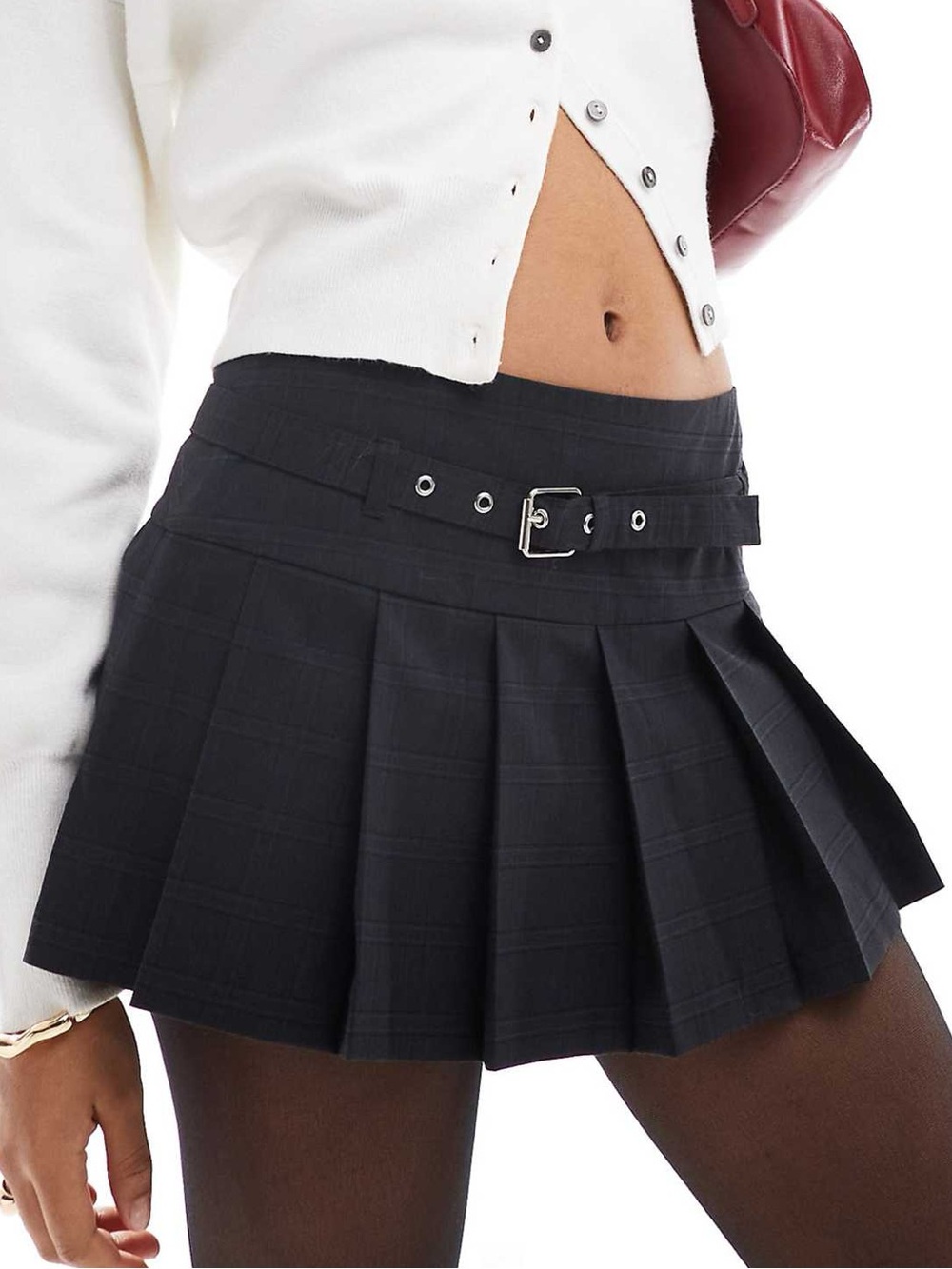 Zara Charcoal Gray Plaid Pleated Mini Skirt | Skort With Belt S